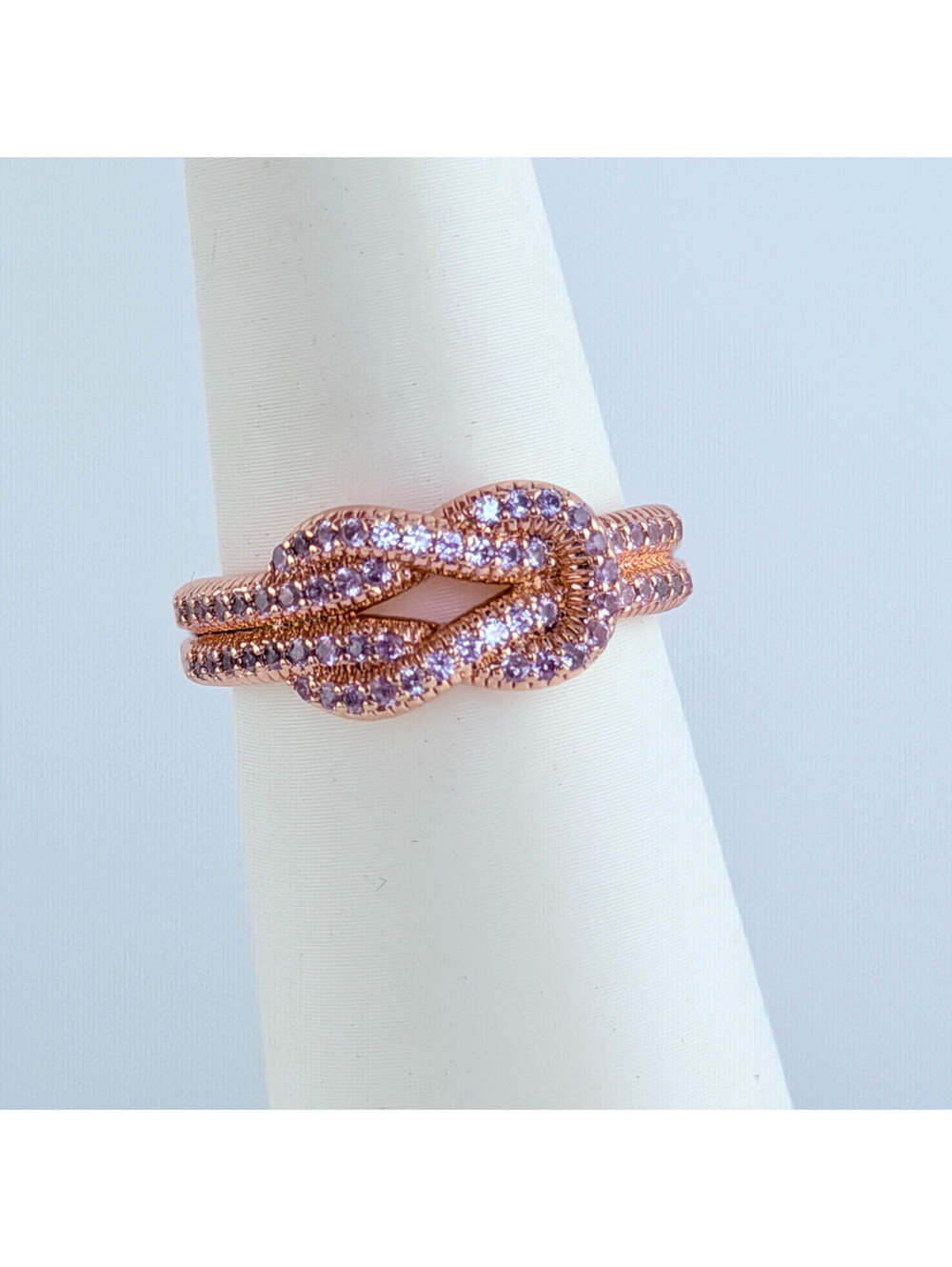 Bomb Party Ring Sz 10 "Forget Me Knots" Pink Corundum on Rose Gold RG81005